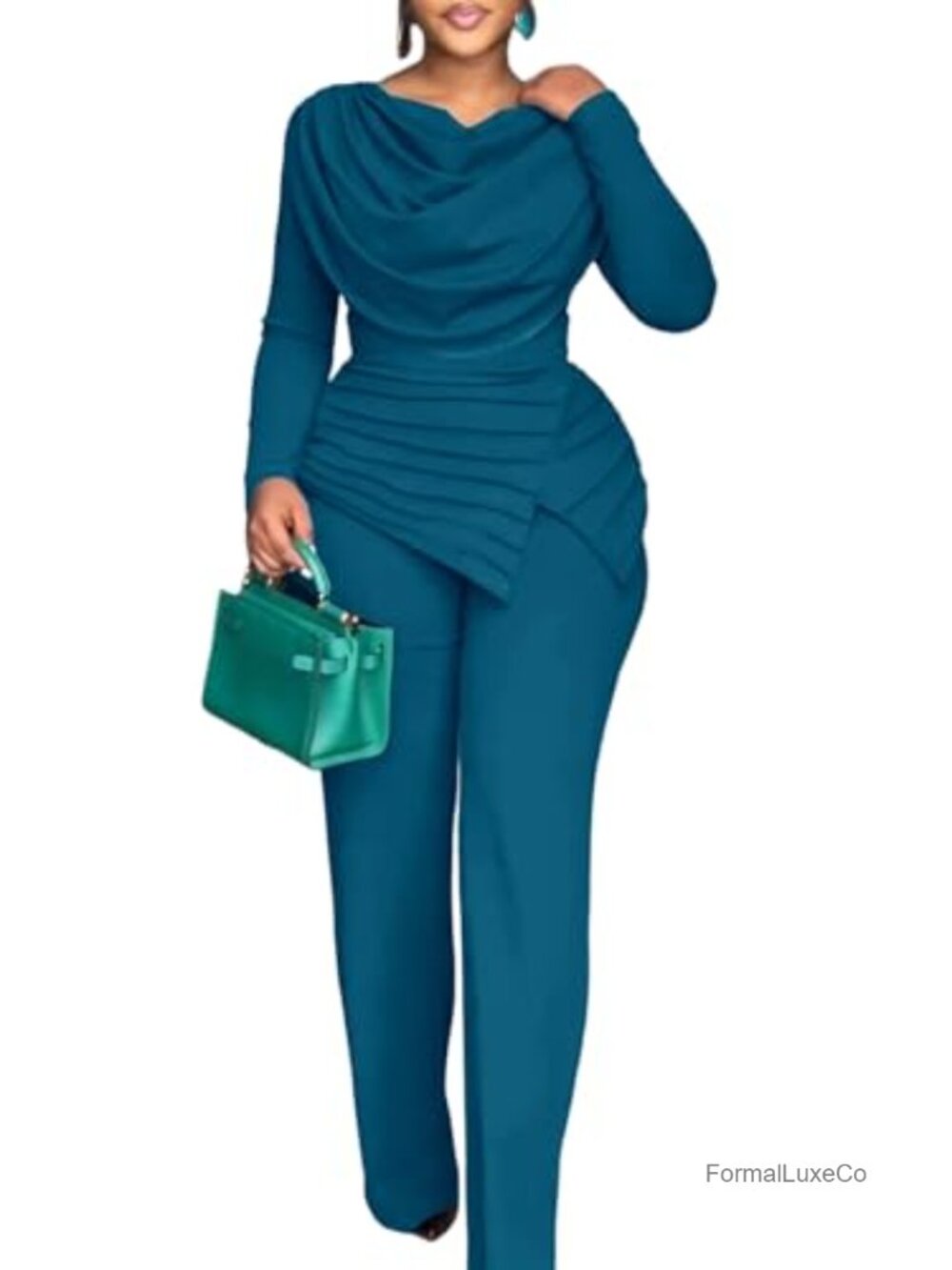 Women's Long Sleeve Cowl Neck Jumpsuit Asymmetrical Hem Wide Leg Zipper Back